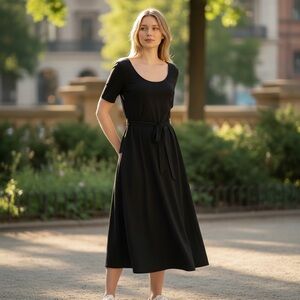 Nina Leonard Black Midi Dress with Tie Waist